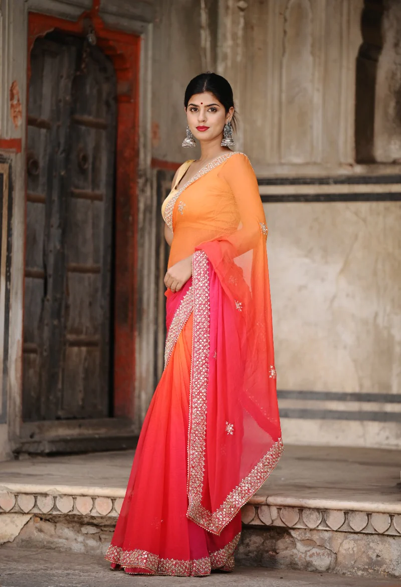 Orange Multiheaded Beauty Pageant Chiffon Saree - Image 4