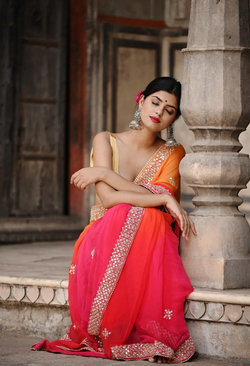 Orange Multiheaded Beauty Pageant Chiffon Saree - Image 7