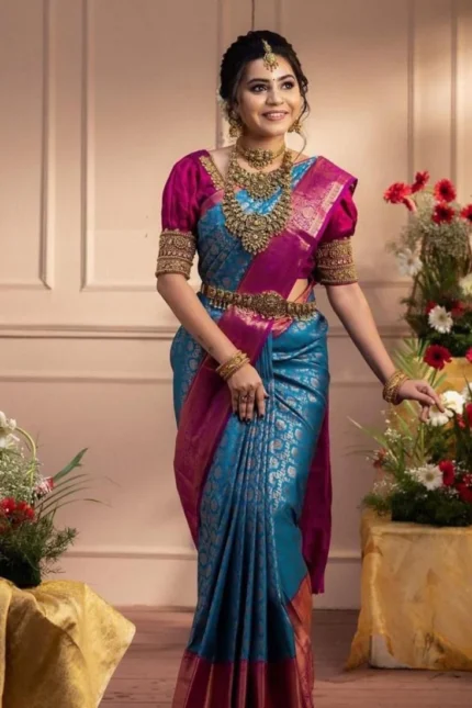 Aqua Blue Litchi Silk Zari Jacquard Saree A Classy Wear Festive Wear