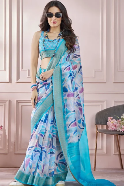 Aqua Blue Soft Silk Printed Zari Woven Saree After Six Wear