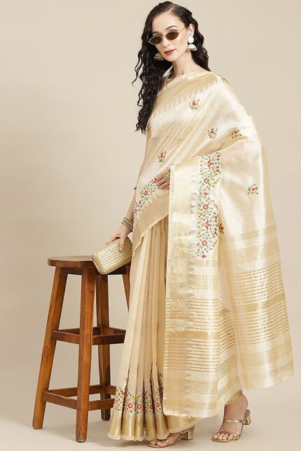Assam Cotton Silk Thread Embroidered Work Temple Contrast Border Saree Festive Wear