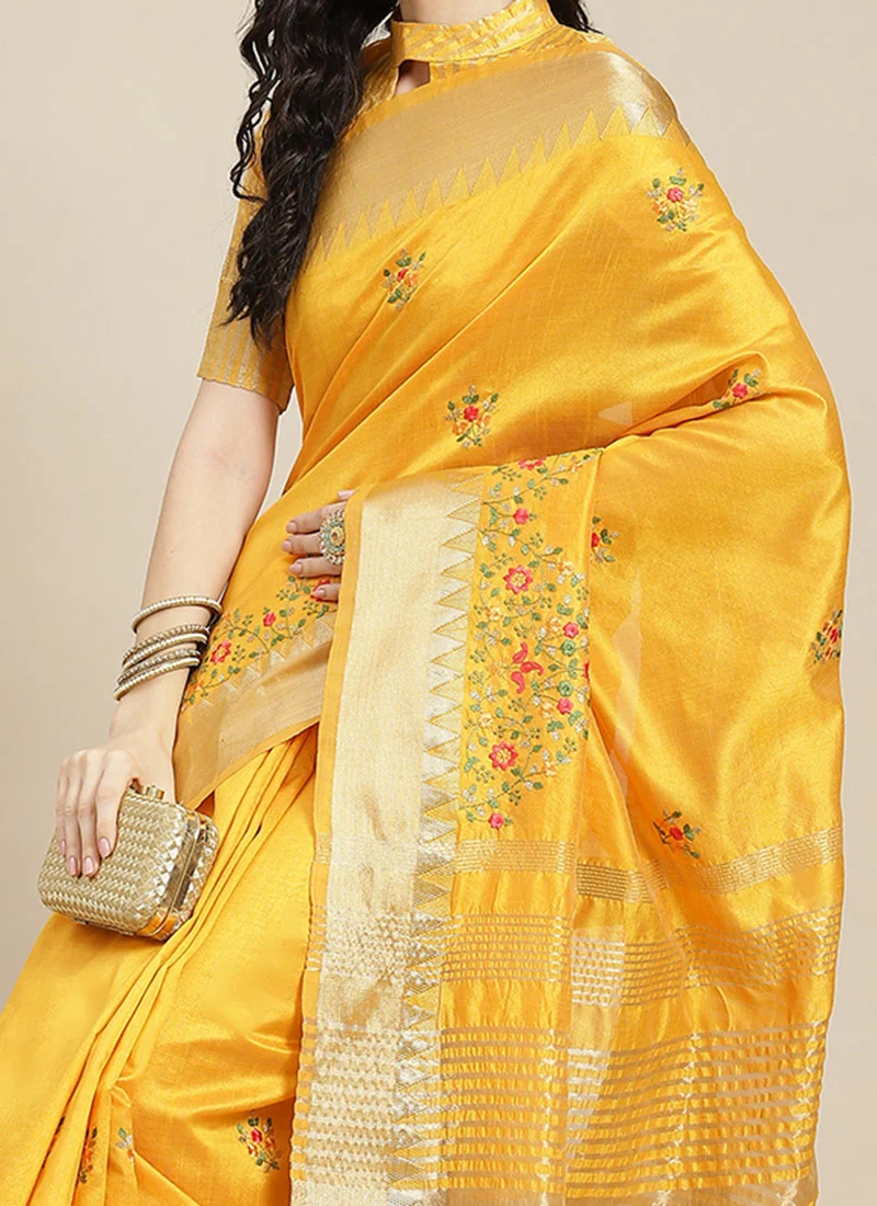 Assam Cotton Silk Thread Embroidered Work Temple Contrast Border Saree Festive Wear - Image 3
