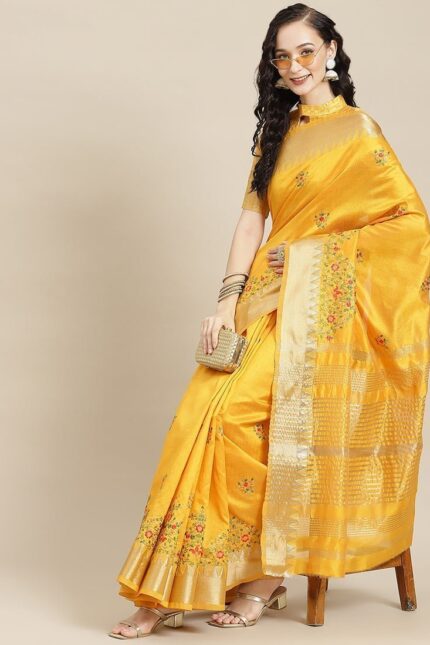 Assam Cotton Silk Thread Embroidered Work Temple Contrast Border Saree Festive Wear