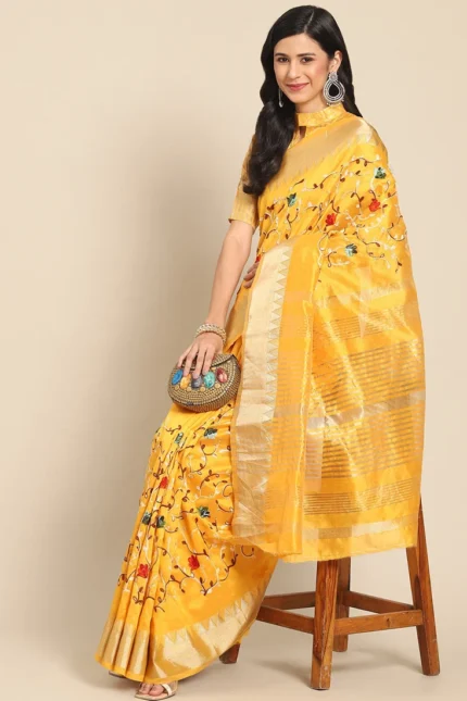 Assam Cotton Silk Thread Embroidered Work Temple Contrast Border Saree Festive Wear