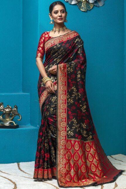 Black Banarasi Silk Jacquard Woven Traditional Saree Festive Wear