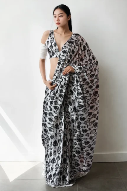 Black Chinon Digital Print Pre Draped Saree After Six Wear