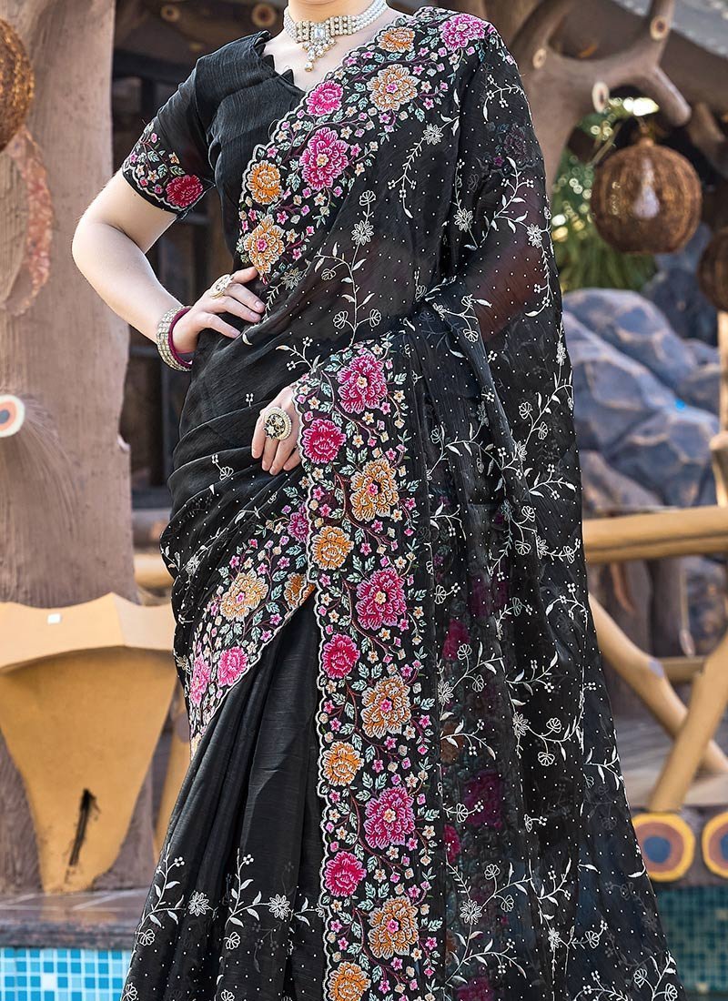 Black Organza Floral Embroidered Sequins Stone Embossed Saree Festive Wear - Image 3