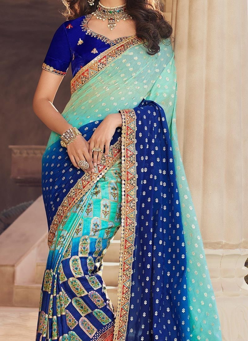 Blue Viscose Chanderi Silk Embroidered N Zari Work Saree Party Wear - Image 3