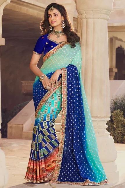 Blue Viscose Chanderi Silk Embroidered N Zari Work Saree Party Wear