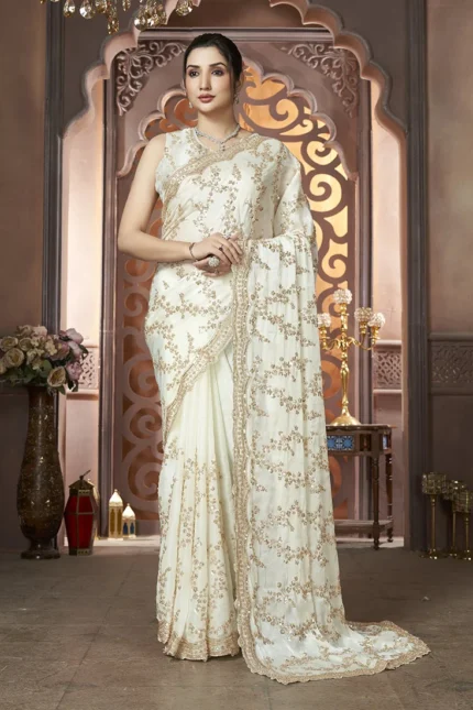 Cream Organza Hand Embroidered Sequins Beads Work Saree Wedding Wear