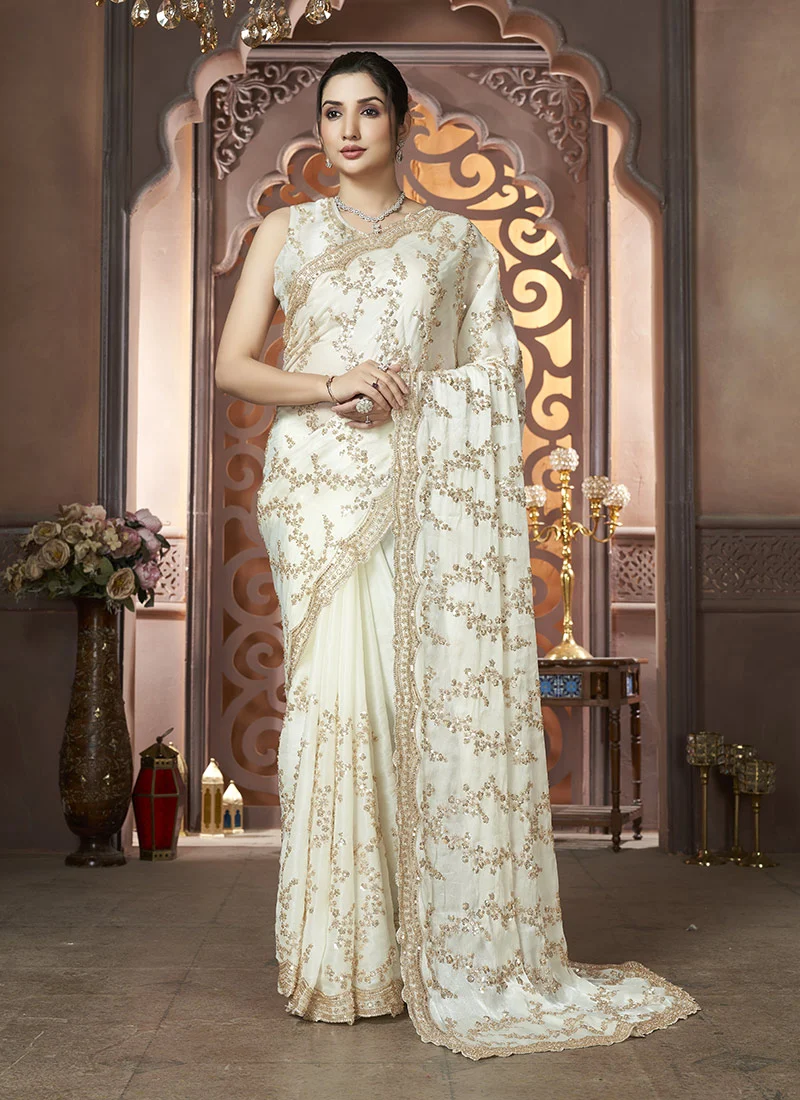Cream Organza Hand Embroidered Sequins Beads Work Saree Wedding Wear