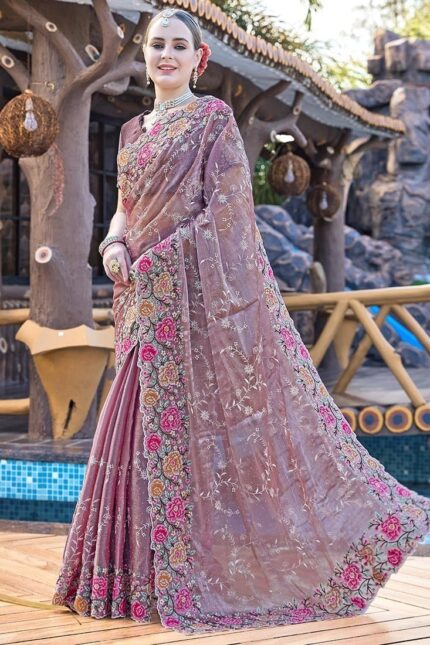 Lavender Organza Floral Embroidered Sequins Stone Embossed Saree Festive Wear