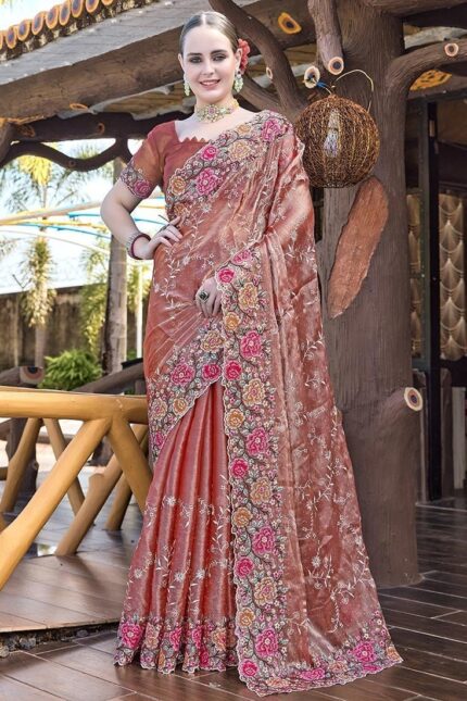 Floral Embroidered Sequins Stone Embossed Saree Festive Wear