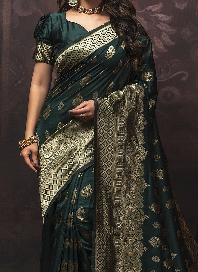 Green Benarasi Silk Jacquard Weaving Saree Festive Wear - Image 3