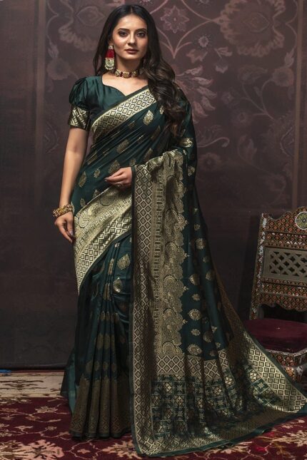 Green Benarasi Silk Jacquard Weaving Saree Festive Wear