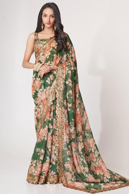 Green Organza Printed N Sequins Work Saree Party Wear