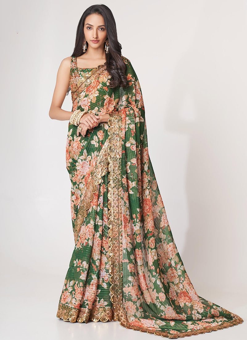 Green Organza Printed N Sequins Work Saree Party Wear