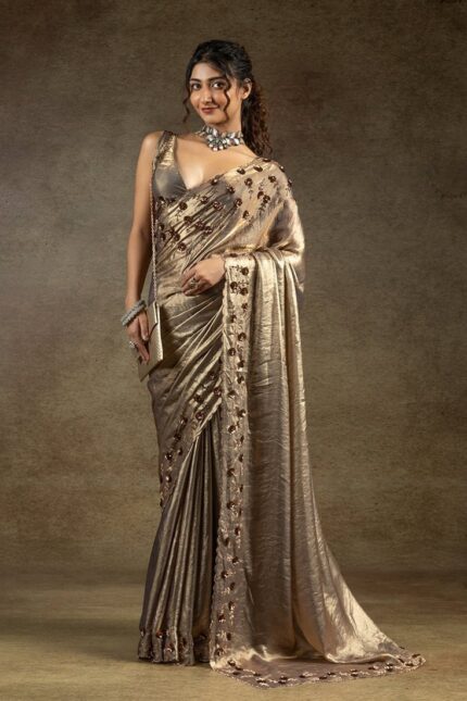 Grey Satin Silk Hand Embroidered Sequins With Applique And Stone Work Saree Wedding Wear