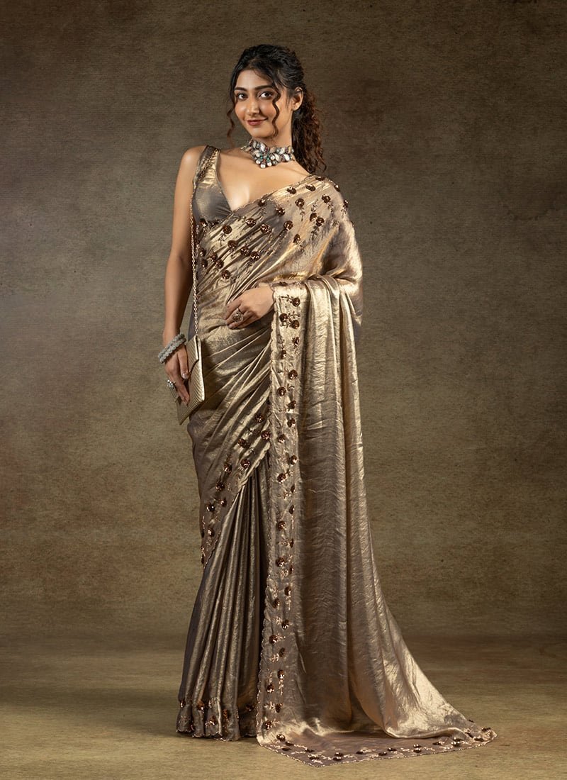 Grey Satin Silk Hand Embroidered Sequins With Applique And Stone Work Saree Wedding Wear