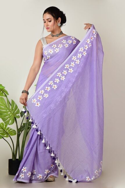 Lavender Cotton Hand Painted Saree After Six Wear