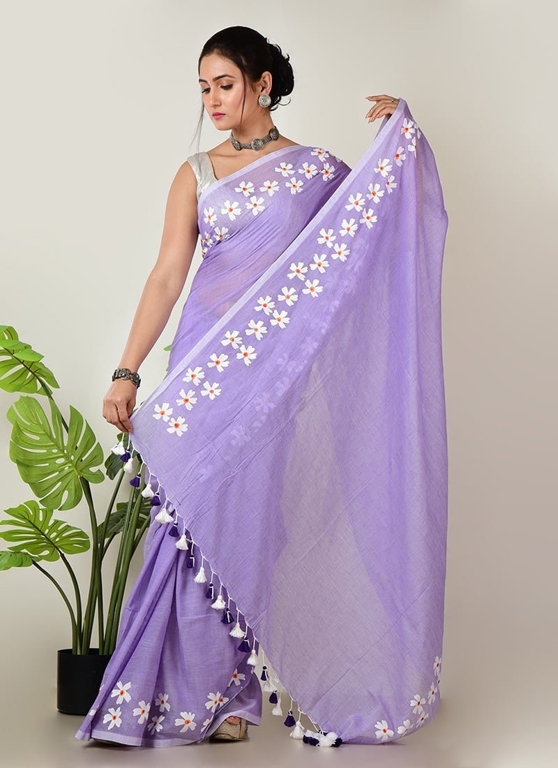 Lavender Cotton Hand Painted Saree After Six Wear