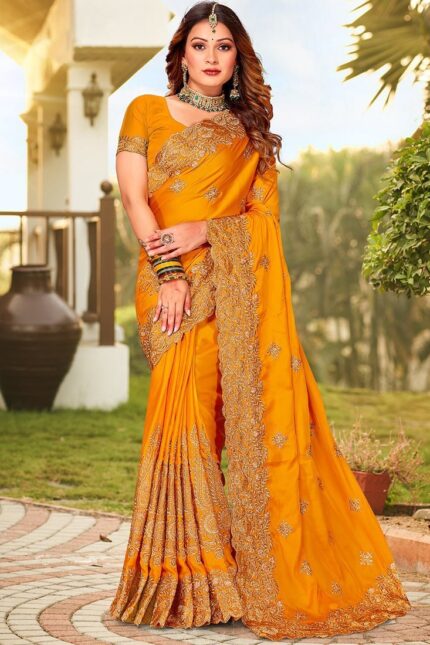 Mustard Satin Blend Embroidered Saree Party Wear