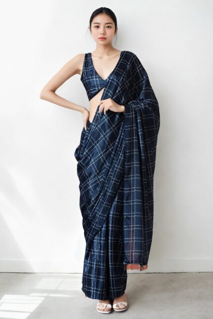 Navy Blue Chinon Digital Print Pre Draped Saree After Six Wear