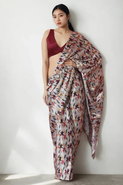 Off White Chinon Digital Print Pre Draped Saree After Six Wear