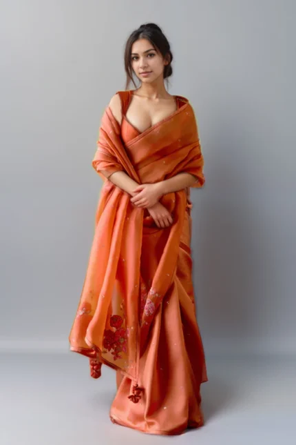 Orange Organza Silk Zari Sequins Hand Embroidered Saree Festive Wear