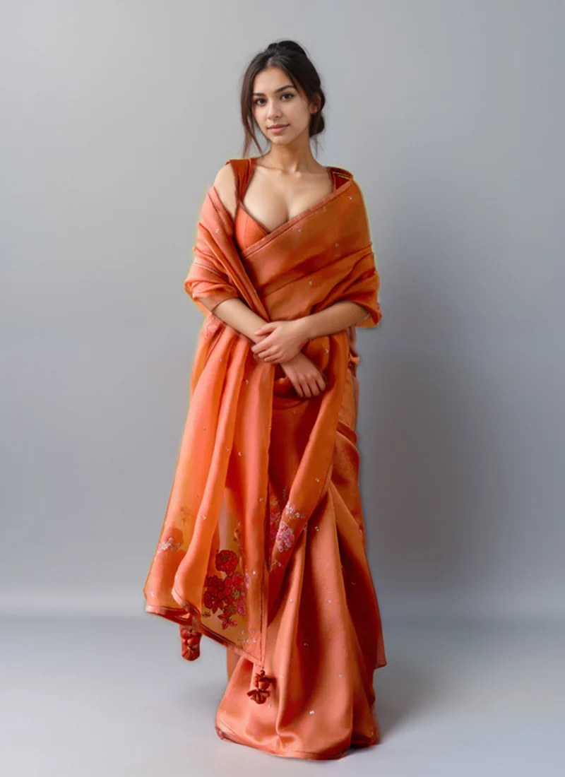 Orange Organza Silk Zari Sequins Hand Embroidered Saree Festive Wear
