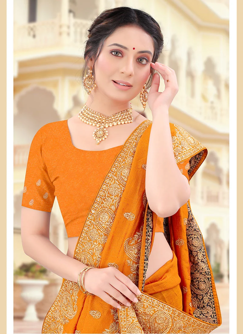 Orange Vichitra Silk Zari Embroidery Saree Party Wear - Image 5