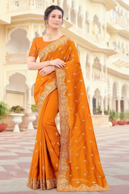 Orange Vichitra Silk Zari Embroidery Saree Party Wear
