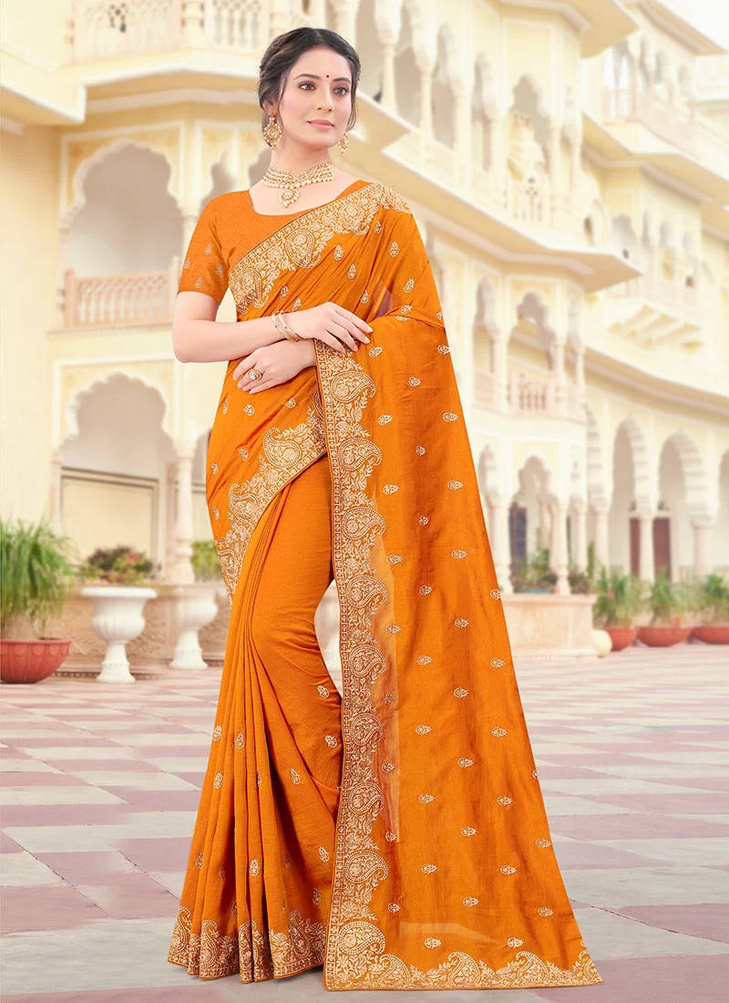 Orange Vichitra Silk Zari Embroidery Saree Party Wear