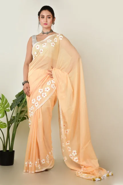 Peach Cotton Hand Painted Saree After Six Wear