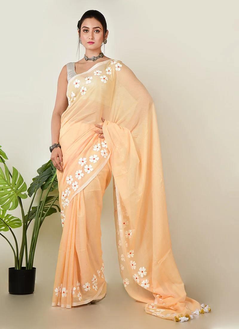 Peach Cotton Hand Painted Saree After Six Wear