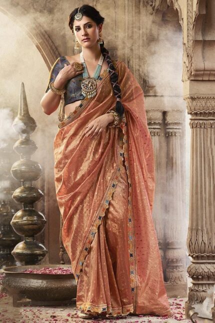 Peach Tissue Jacquard Zari Saree Festive Wear