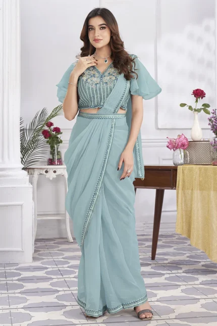 Powder Blue Georgette Embroidered Sequins Pre Draped Elegant Saree Party Wear