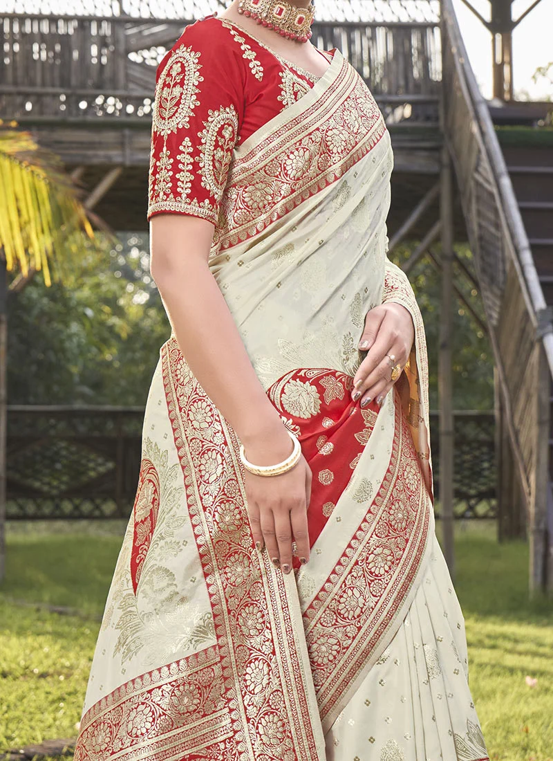 Ivory Opulence Off White Benarasi Silk Jacquard Zari Saree Festive Wear - Image 3