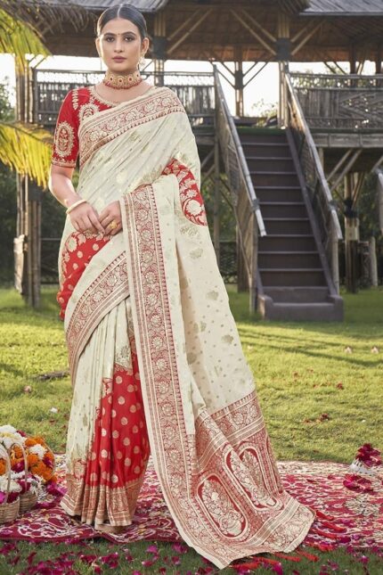 Ivory Opulence Off White Benarasi Silk Jacquard Zari Saree Festive Wear