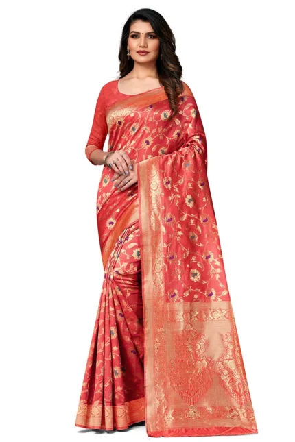 Red Banarasi Silk Zari Weaving Work Saree Festive Wear