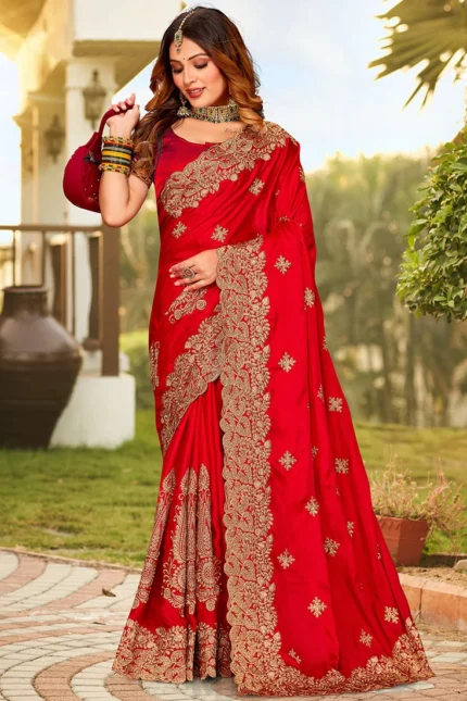 Red Satin Blend Embroidered Saree Party Wear