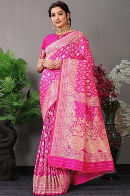Soft Silk Dark Pink Color Zari Work Saree Festive Wear