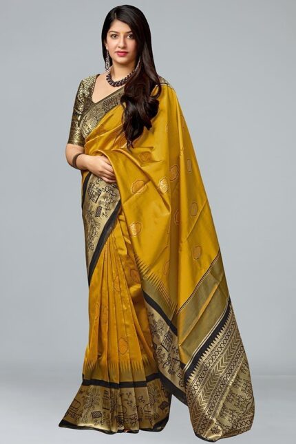 Stunning Mustard Banarasi Silk Saree Festive Wear