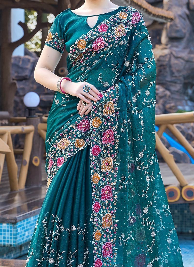 Floral Embroidered Sequins Stone Embossed Saree Festive Wear - Image 3
