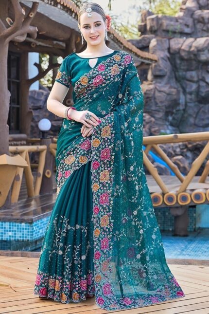 Floral Embroidered Sequins Stone Embossed Saree Festive Wear