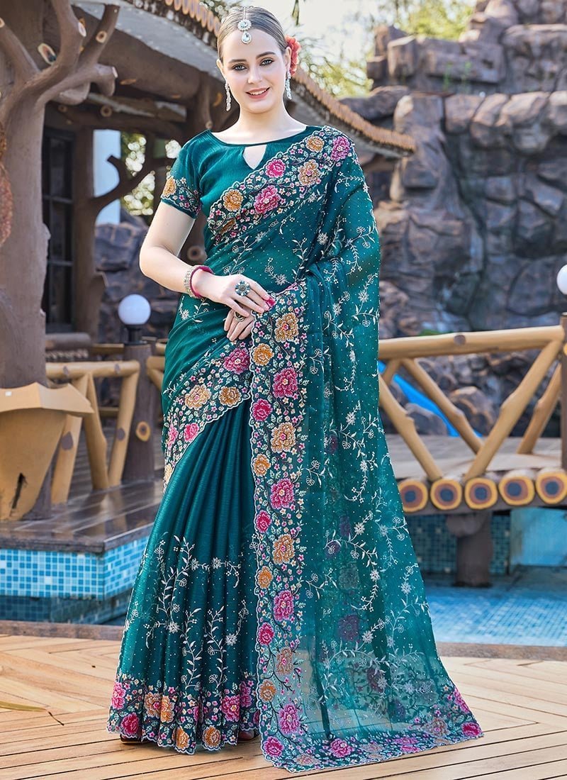 Floral Embroidered Sequins Stone Embossed Saree Festive Wear