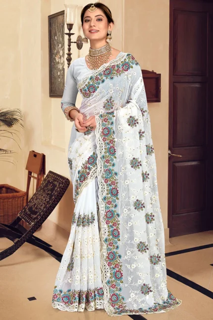 White Georgette Resham Embroidered Saree Party Wear