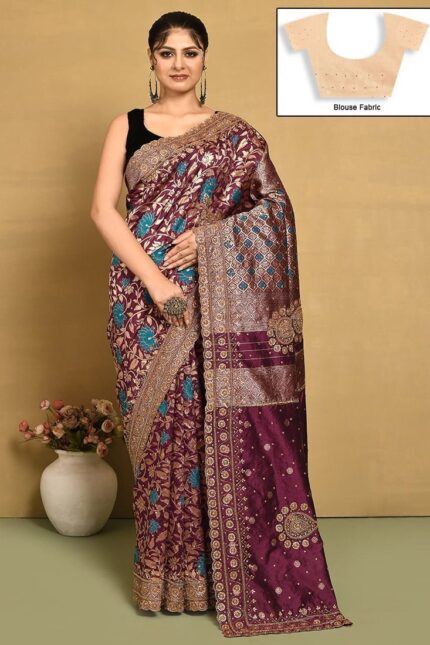 Wine Kancheepuram Silk Hand Embroidered Saree Wedding Wear