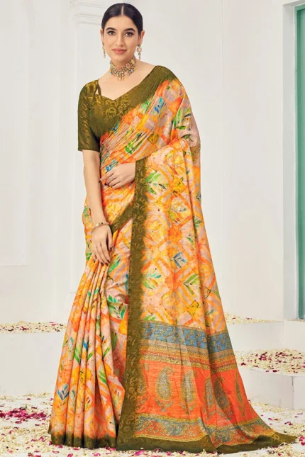 Women Jacquard Zari Woven Orange Digital Print Silk Saree With Blouse Festive Wear