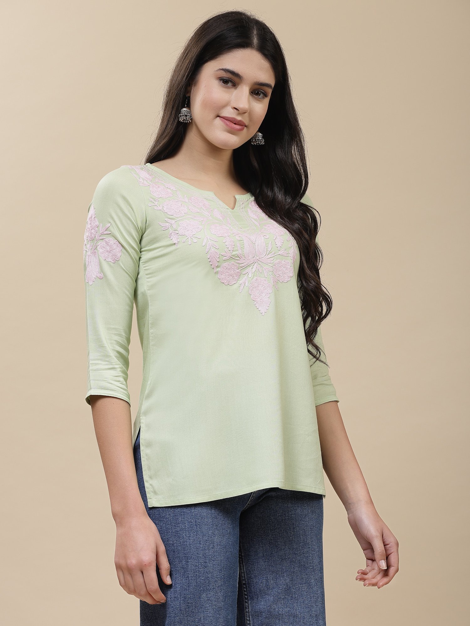 Heer Kashmiri Pastel Green Kurti